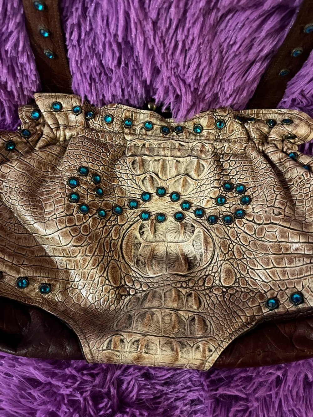 Embellished Croc-Texture Clutch with Turquoise Studs - Brown/Gold.